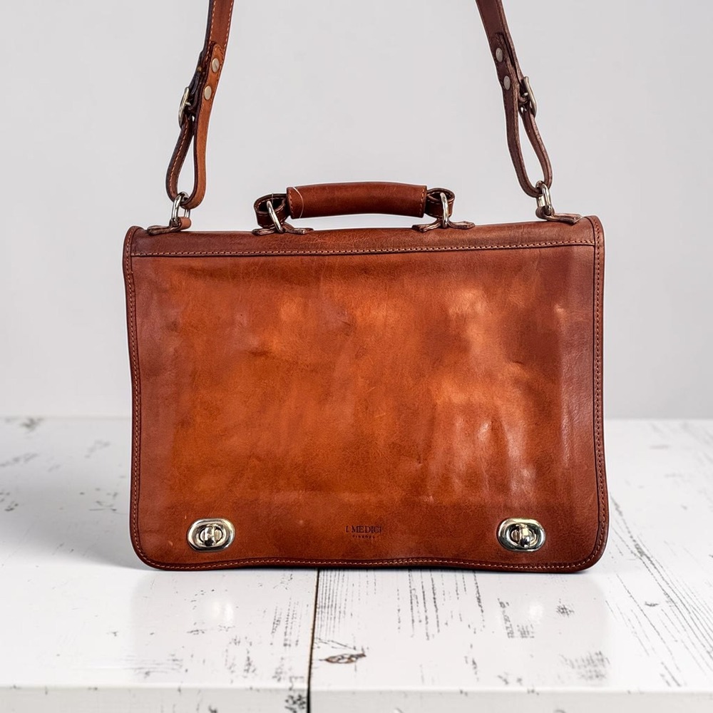 Italian Leather Briefcase Messenger Bag‎ Turnlock Medici Firenze Veg-Tanned